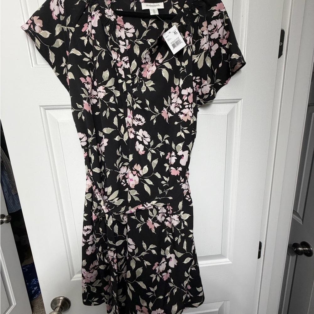 Motherhood Black Floral Mini Dress with Pink and Cream Blooms